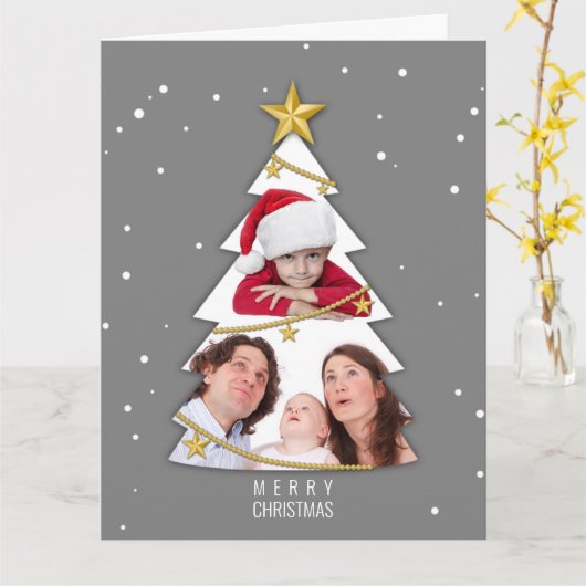 Moderne kerstboom Foto Collage Gray Kaart (Gele Bloem)