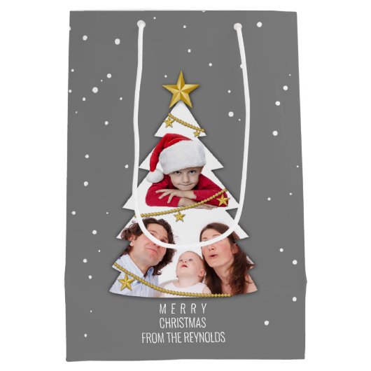 Moderne kerstboom Foto Collage Gray Medium Cadeauzakje (Achterkant)