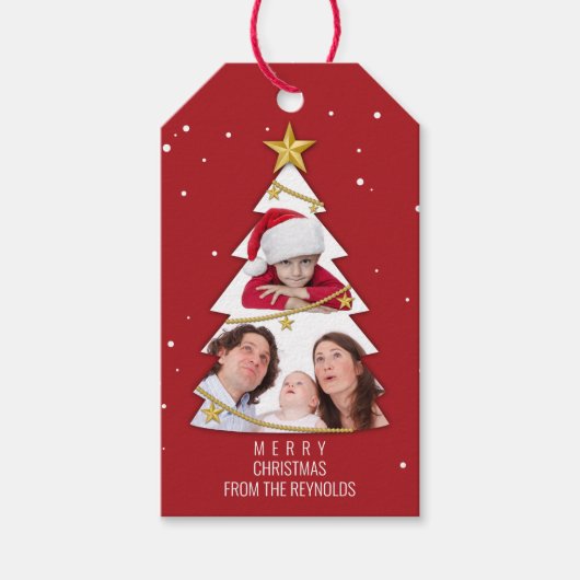 Moderne kerstboom Foto Collage Red Cadeaulabel (Voorkant)
