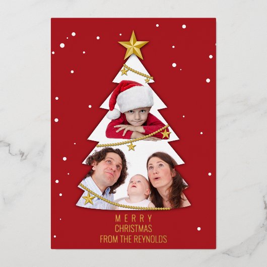 Moderne kerstboom Foto Collage Red Folie Feestdagenkaart (Voorkant)