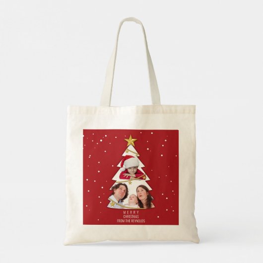 Moderne kerstboom Foto Collage Red Tote Bag (Achterkant)