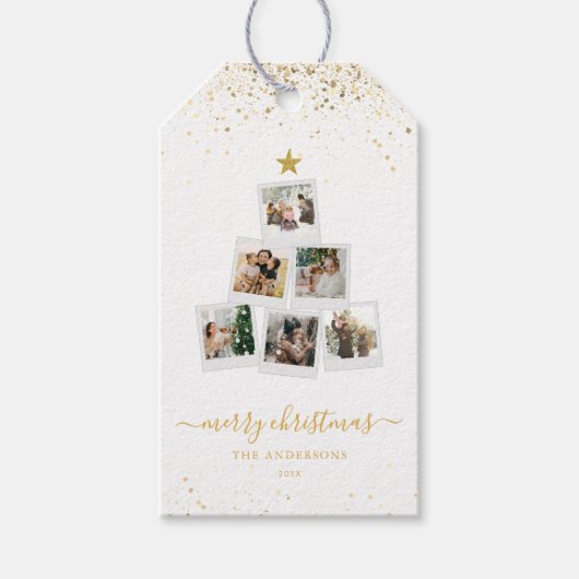 Moderne kerstboom fotocollage cadeaulabel (Voorkant)