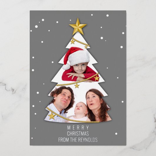 Moderne Kerstboom Fotocollage Grijs Folie Feestdagenkaart (Voorkant)