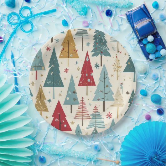 Moderne Kerstboom Groen Blauw Rood Goud Patroon Papieren Bordje (Feest)