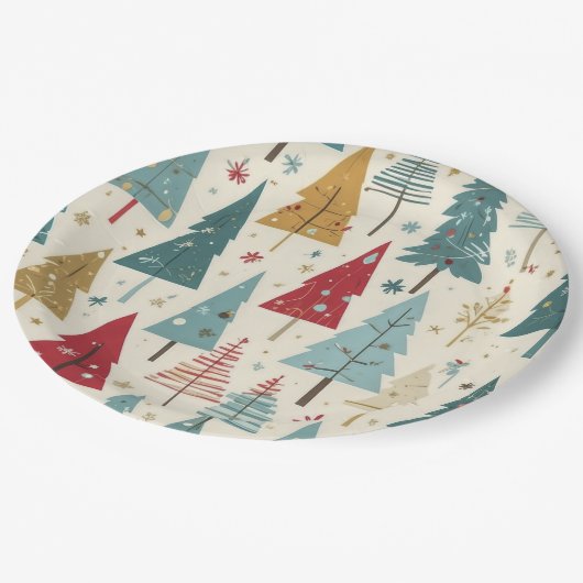 Moderne Kerstboom Groen Blauw Rood Goud Patroon Papieren Bordje (Gekanteld)