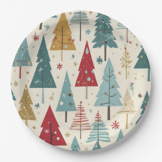 Moderne Kerstboom Groen Blauw Rood Goud Patroon Papieren Bordje (Voorkant)