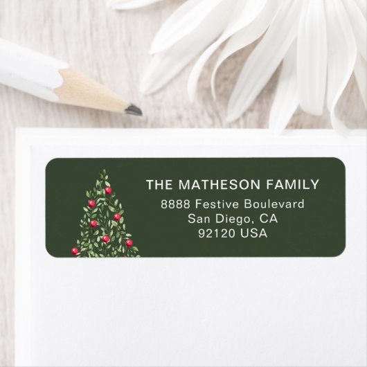 Moderne kerstboom groen rood elegante familie etiket (Insitu)