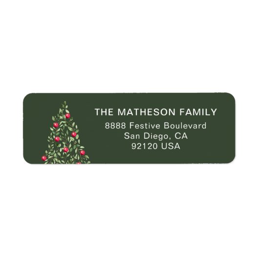 Moderne kerstboom groen rood elegante familie etiket (Voorkant)