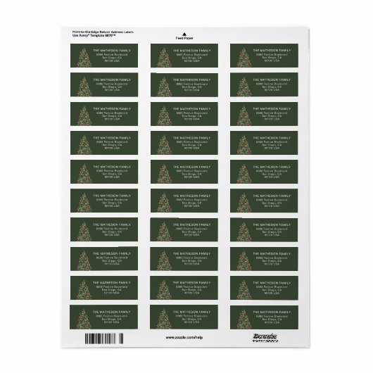 Moderne kerstboom groen rood elegante familie etiket (Full Sheet)