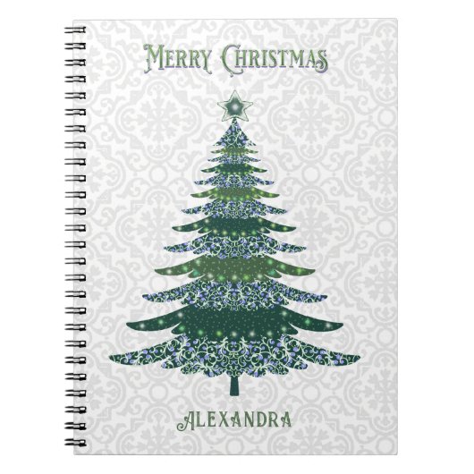 Moderne kerstboom Groen Wit Gepersonaliseerd Notitieboek (Voorkant)