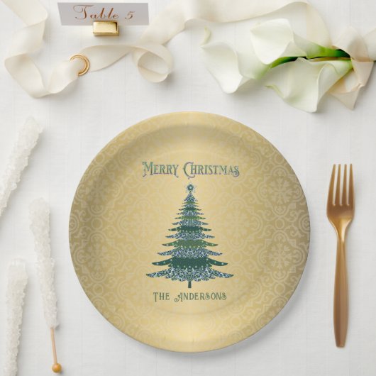 Moderne Kerstboom Groene Gouden Naam Ornamenten Papieren Bordje (Huwelijk)