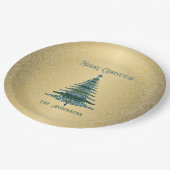 Moderne Kerstboom Groene Gouden Naam Ornamenten Papieren Bordje (Gekanteld)