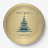 Moderne Kerstboom Groene Gouden Naam Ornamenten Papieren Bordje (Voorkant)