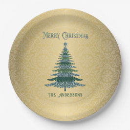 Moderne Kerstboom Groene Gouden Naam Ornamenten Papieren Bordje