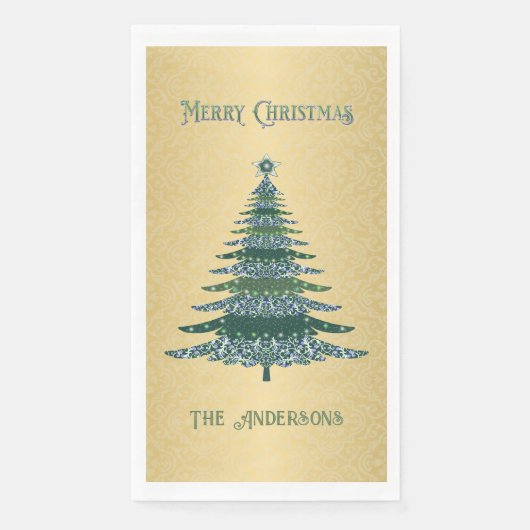 Moderne Kerstboom Groene Gouden Naam Ornamenten Servet (Voorkant)