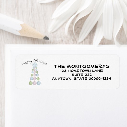 Moderne kerstboom in drie parelkleuren etiket (Insitu)