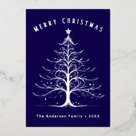 Moderne kerstboom in Navyblauw met eigen naam Folie Feestdagenkaart