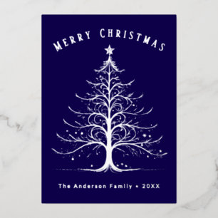 Moderne kerstboom in Navyblauw met eigen naam Folie Feestdagenkaart