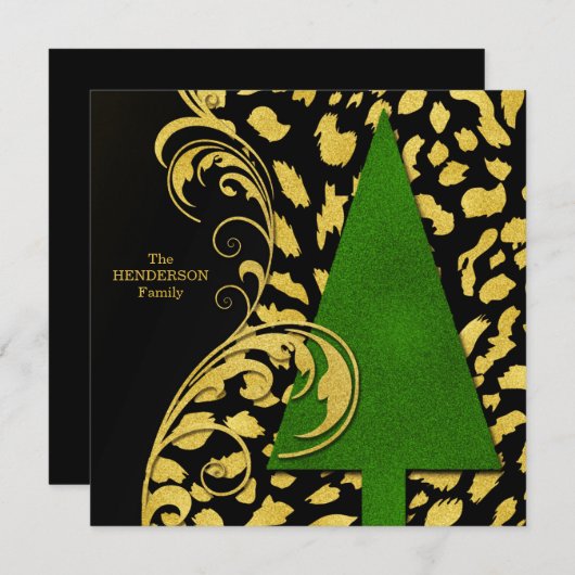 Moderne kerstboom met gouden en zwarte feestdag feestdagenkaart (Voorkant / Achterkant)