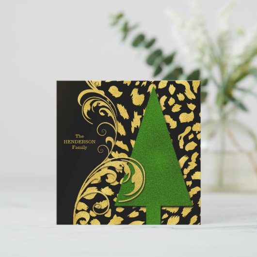 Moderne kerstboom met gouden en zwarte feestdag feestdagenkaart (Staand voorkant)