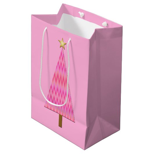 Moderne kerstboom met roze en koraalbaars medium cadeauzakje (Voorkant Gekanteld)