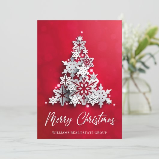 Moderne Kerstboom met Sneeuwvlokken Zakelijke Groe Feestdagenkaart (Staand voorkant)