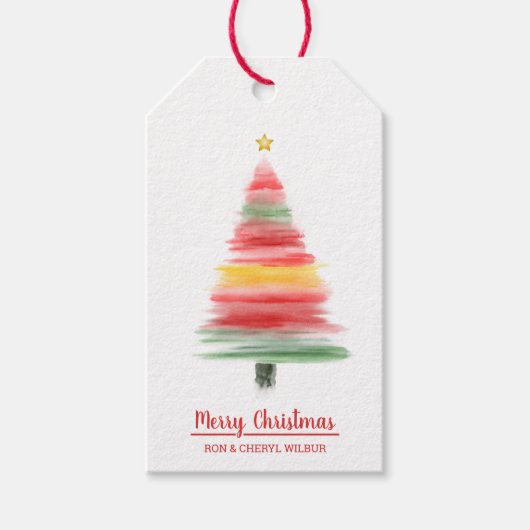 Moderne kerstboom met Waterverf Cadeaulabel (Voorkant)