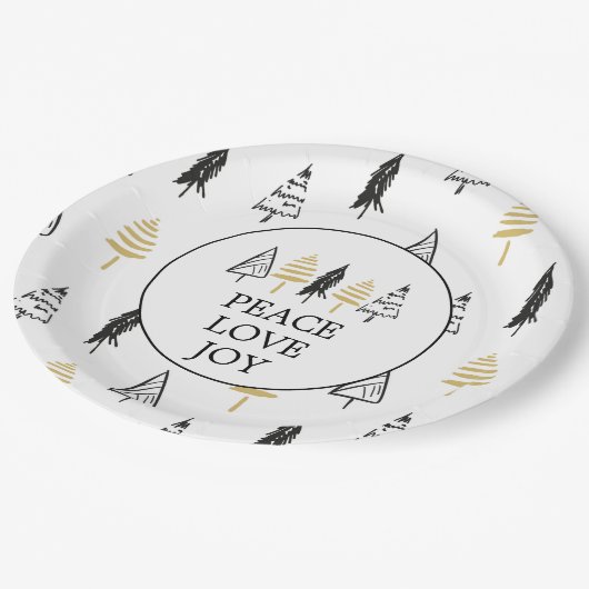 Moderne kerstboom met zwarte en gouden liefde papieren bordje (Gekanteld)