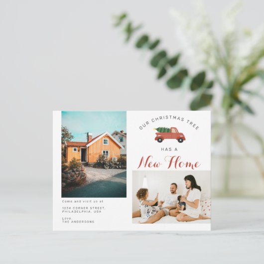 Moderne kerstboom - Nieuwe roodauto voor thuisgebr Aankondigingskaart (Staand voorkant)