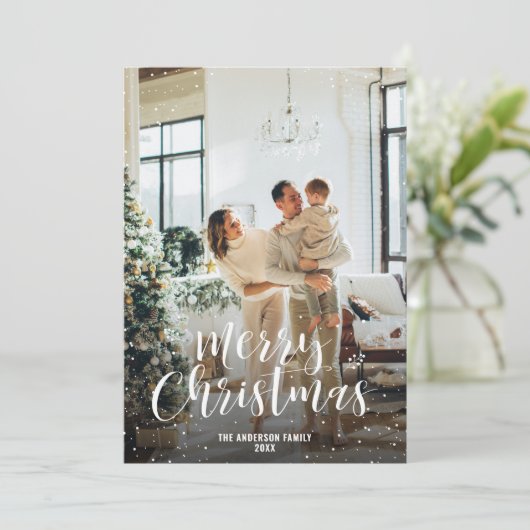 Moderne Kerstboom Ornamenten Chocolade Foto Feestdagenkaart (Staand voorkant)
