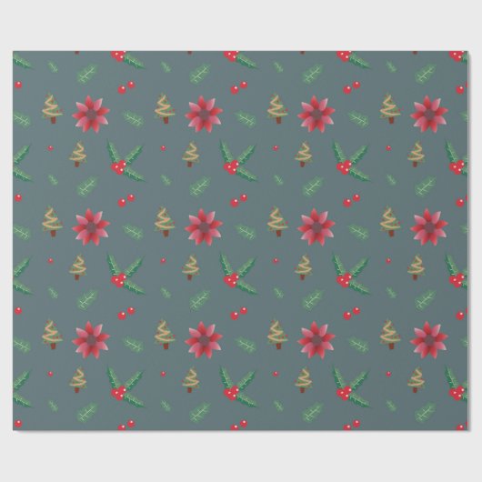 Moderne Kerstboom & Rode Bloemen Gift Cadeaupapier (Vlak)