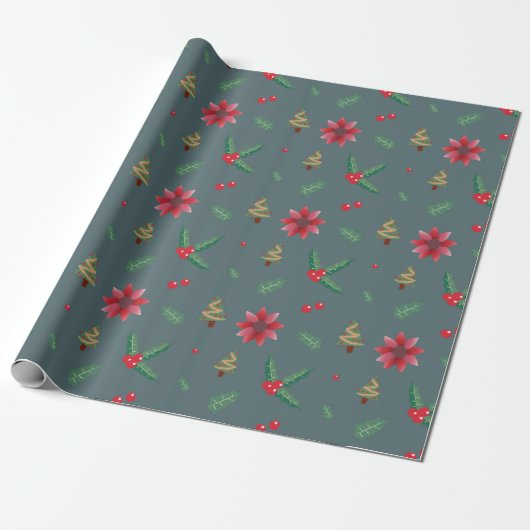 Moderne Kerstboom & Rode Bloemen Gift Cadeaupapier (Uitgerold)