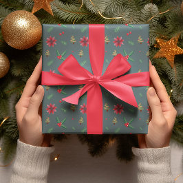 Moderne Kerstboom & Rode Bloemen Gift Cadeaupapier