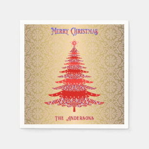 Moderne Kerstboom Rode Gouden Naam Ornamenten Servet