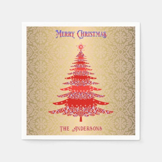 Moderne Kerstboom Rode Gouden Naam Ornamenten Servet (Voorkant)