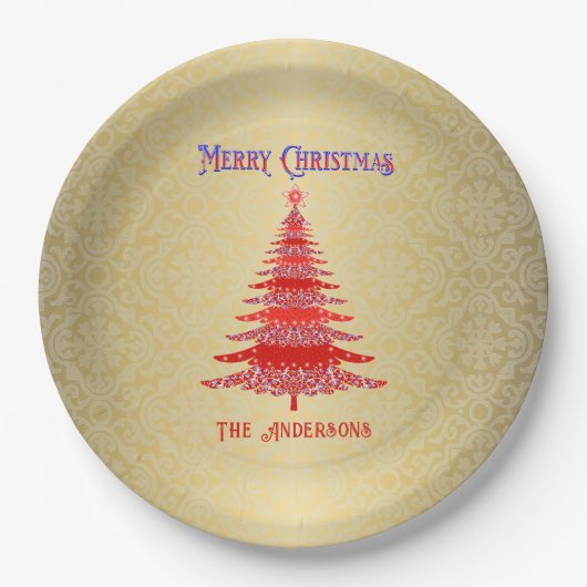 Moderne kerstboom rood goud papieren bordje (Voorkant)