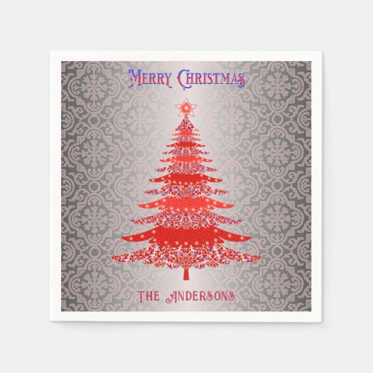 Moderne kerstboom rood zilver naam Ornamenten Servet (Voorkant)