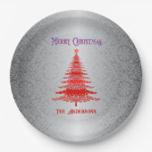Moderne kerstboom rood zilver Ornamenten Papieren Bordje (Voorkant)