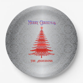 Moderne kerstboom rood zilver Ornamenten Papieren Bordje