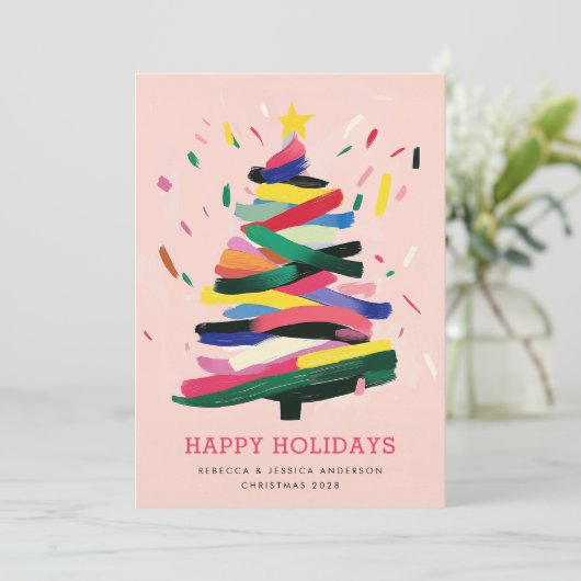 Moderne kerstboom schilderij kleurrijke niet-foto feestdagenkaart (Staand voorkant)