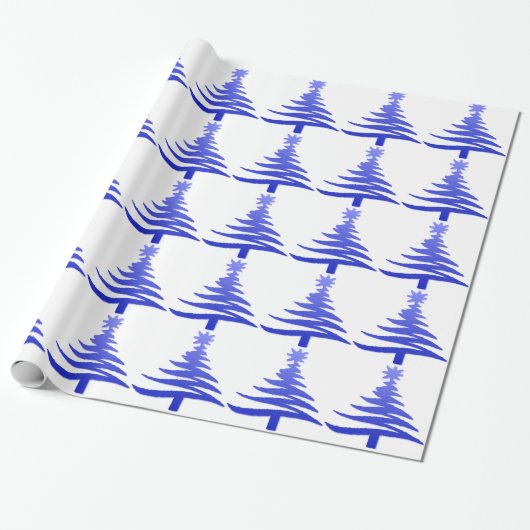 Moderne Kerstboom Sjabloonprint Blauw Cadeaupapier (Uitgerold)