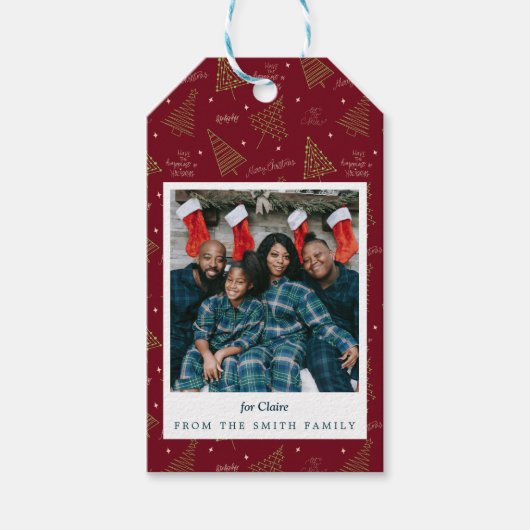 Moderne Kerstboom Vakantie Familiefoto Cadeaulabel (Voorkant)