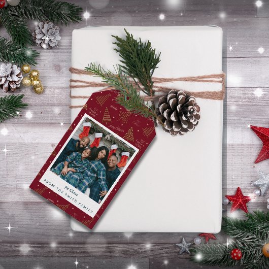 Moderne Kerstboom Vakantie Familiefoto Cadeaulabel