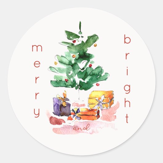 Moderne Kerstboom "Vrolijk en helder" Minimaal Ronde Sticker (Voorkant)