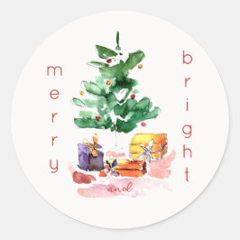 Moderne Kerstboom "Vrolijk en helder" Minimaal Ronde Sticker