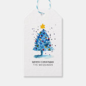 Moderne kerstboom Waterverf blauw Cadeaulabel (Voorkant)