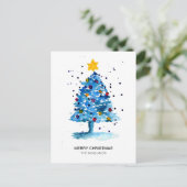 Moderne kerstboom Waterverf blauw Feestdagenkaart (Staand voorkant)
