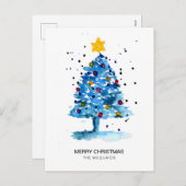 Moderne kerstboom Waterverf blauw Feestdagenkaart (Voorkant / Achterkant)