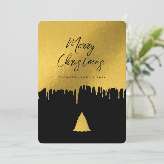 Moderne kerstboom, zwart en gouden niet-foto feestdagenkaart (Staand voorkant)