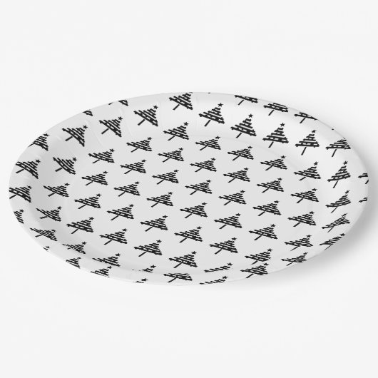 Moderne Kerstboom Zwart-wit Party Paper Papieren Bordje (Gekanteld)